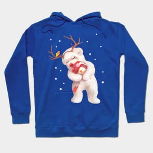 Little Girl Hugging Dog in Reindeer Antlers Hoodie